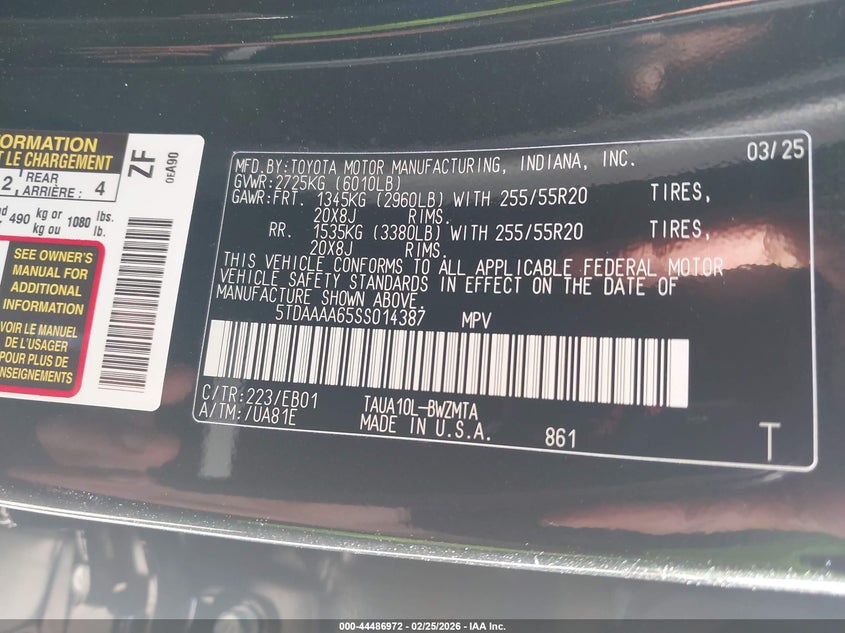 2025 Lexus Tx 350 Premium VIN: 5TDAAAA65SS014387 Lot: 44486972