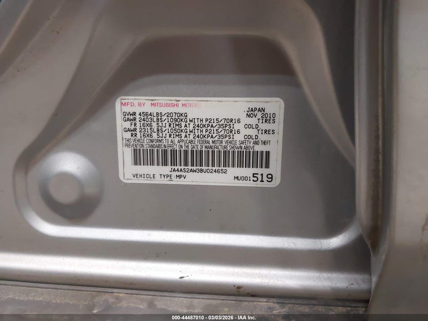 2011 Mitsubishi Outlander Es VIN: JA4AS2AW3BU024652 Lot: 44487010