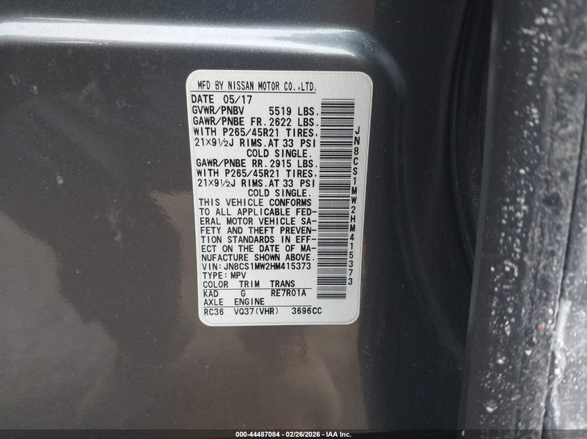 2017 Infiniti Qx70 VIN: JN8CS1MW2HM415373 Lot: 44487084