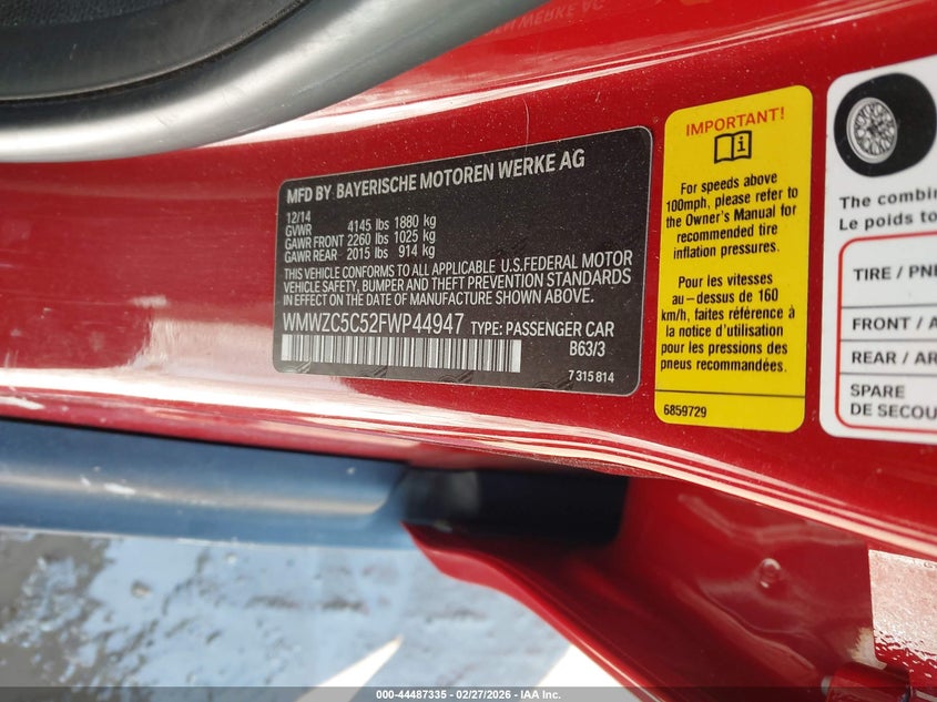 2015 Mini Countryman Cooper S VIN: WMWZC5C52FWP44947 Lot: 44487335