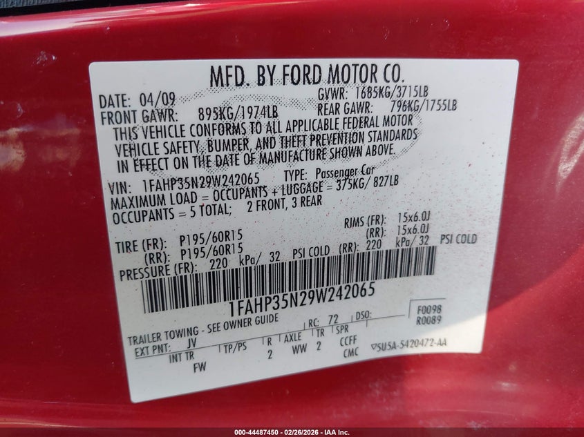 2009 FORD FOCUS SEDAN 2.0L I-4 DOHC, 140HP