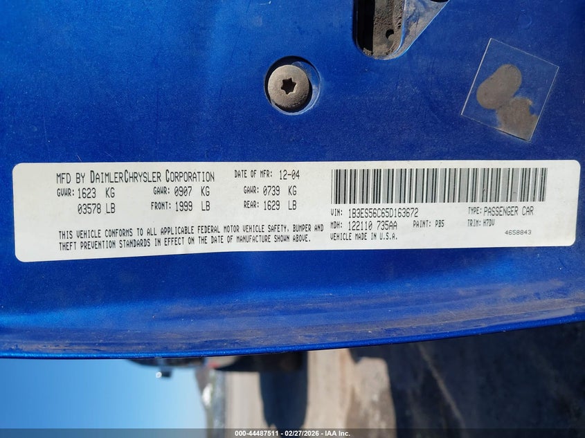 2005 Dodge Neon Sxt VIN: 1B3ES56C65D163672 Lot: 44487511