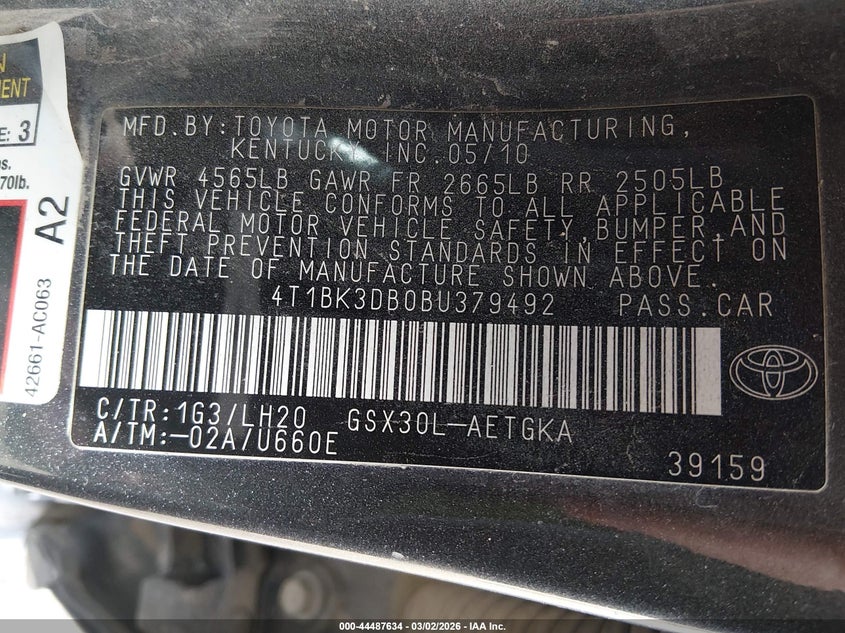 2011 Toyota Avalon VIN: 4T1BK3DB0BU379492 Lot: 44487634