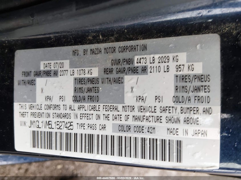 2020 Mazda Mazda6 Touring VIN: JM1GL1VM5L1527425 Lot: 44487686