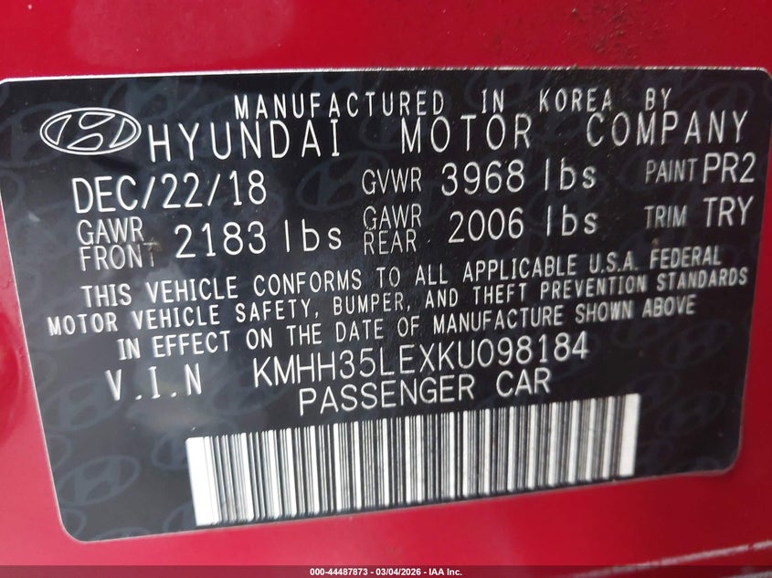2019 Hyundai Elantra Gt VIN: KMHH35LEXKU098184 Lot: 44487873