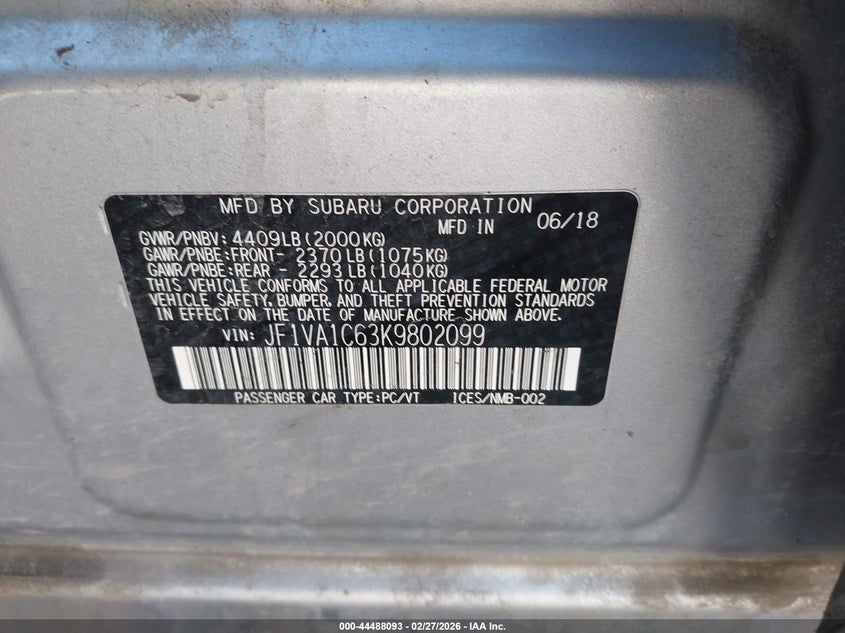 2019 Subaru Wrx Premium VIN: JF1VA1C63K9802099 Lot: 44488093