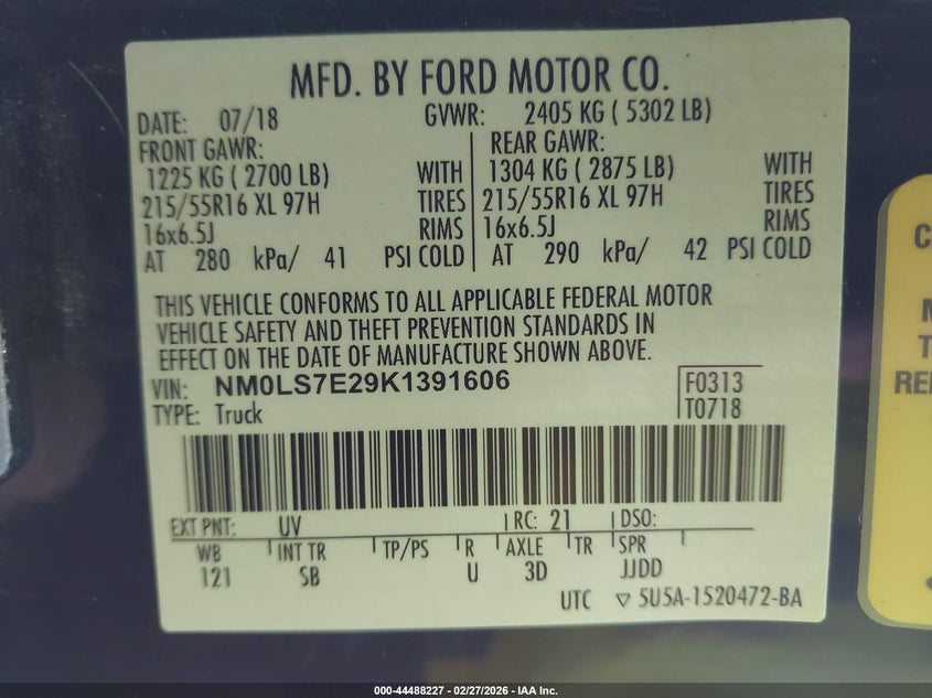 VIN NM0LS7E29K1391606 2019 FORD TRANSIT CONNECT XL