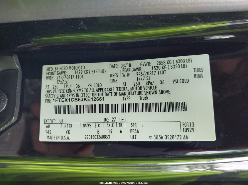 VIN 1FTEX1CB6JKE12661 2018 FORD F-150 XL