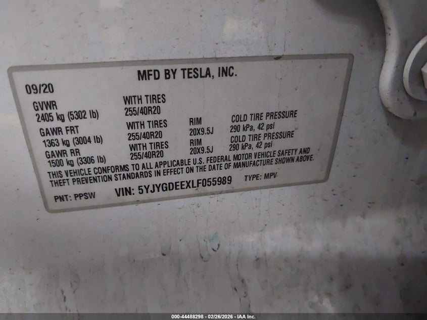 2020 Tesla Model y Long Range Dual Motor All-Wheel Drive white Lot 111044488298 Vin 5YJYGDEEXLF055989