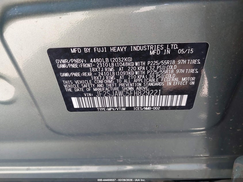 2015 Subaru Forester 2.5 green Lot 111044488557 Vin JF2SJAWC5FH829221