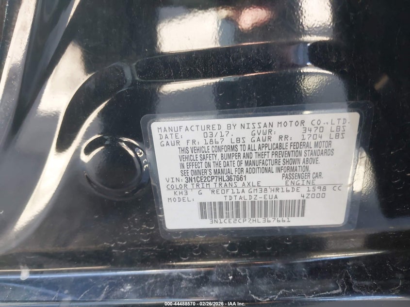 2017 Nissan Versa 1.6 Note Sv black Lot 111044488570 Vin 3N1CE2CP7HL367661