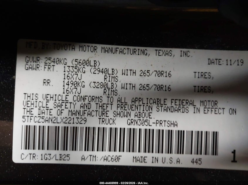 2020 Toyota Tacoma Trd Pro VIN: 5TFCZ5AN2LX221329 Lot: 44488999