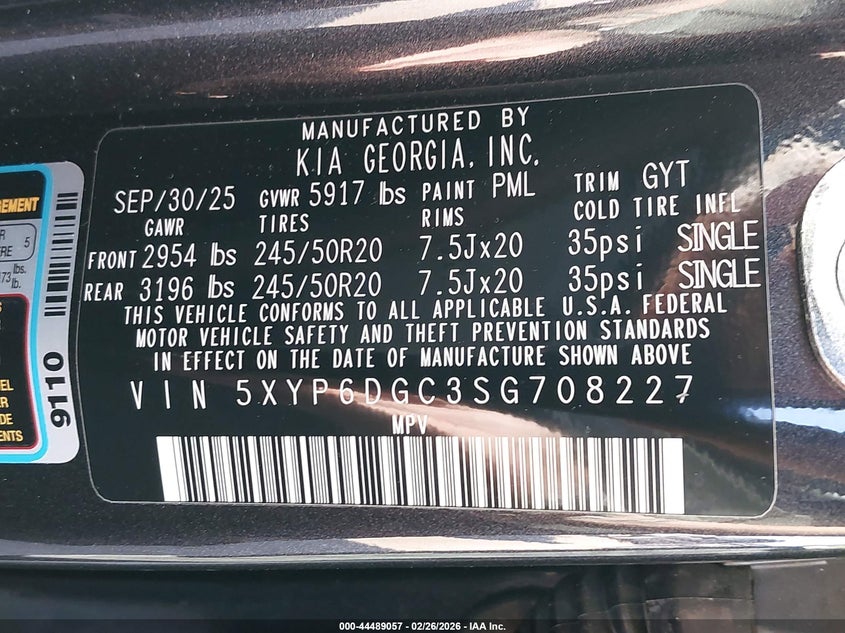 2025 Kia Telluride S VIN: 5XYP6DGC3SG708227 Lot: 44489057