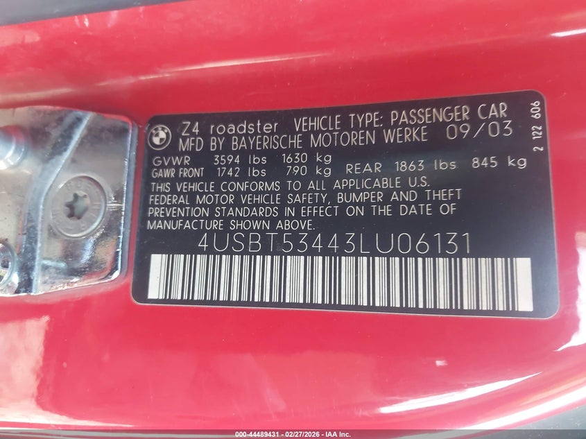 2003 BMW Z4 3.0I VIN: 4USBT53493L006131 Lot: 44489431