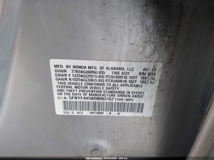 2013 Honda Pilot 3.5 Ex-L grey Lot 111044489452 Vin 5FNYF4H58DB063167