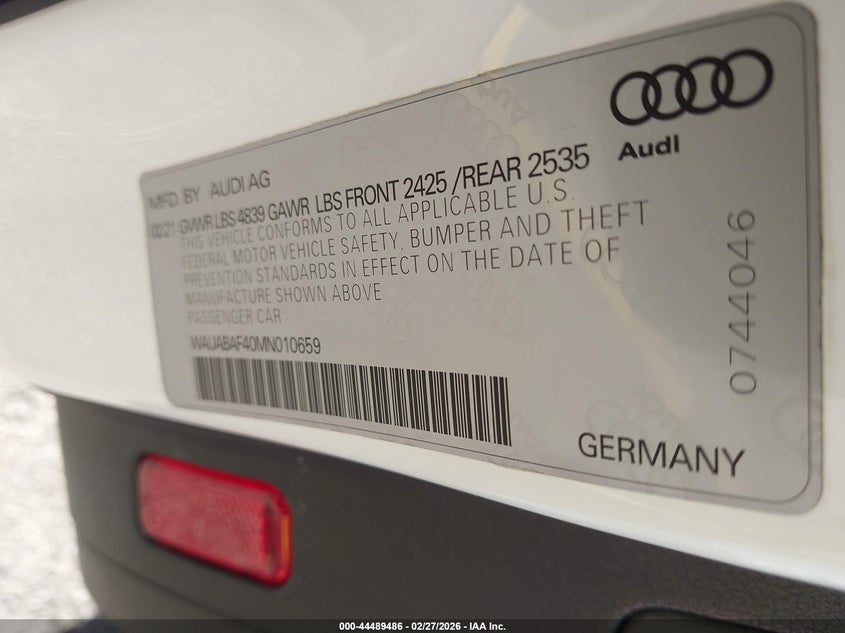 2021 Audi A4 PREMIUM 40 TFSI QUATTRO S TRONIC, VIN WAUABAF40MN010659, JAV aukciono nuotrauka 9