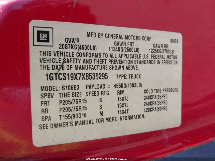 1999 GMC Sonoma Sls VIN: 1GTCS19X7X8530295 Lot: 44489703
