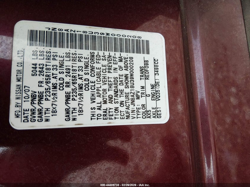 2009 Nissan Murano Sl VIN: JN8AZ18U39W000208 Lot: 44489738