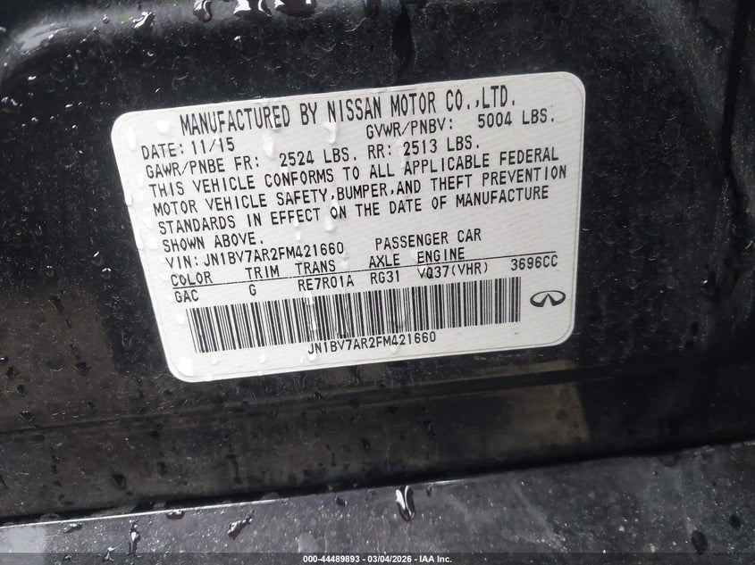 2015 Infiniti Q50 Premium VIN: JN1BV7AR2FM421660 Lot: 44489893