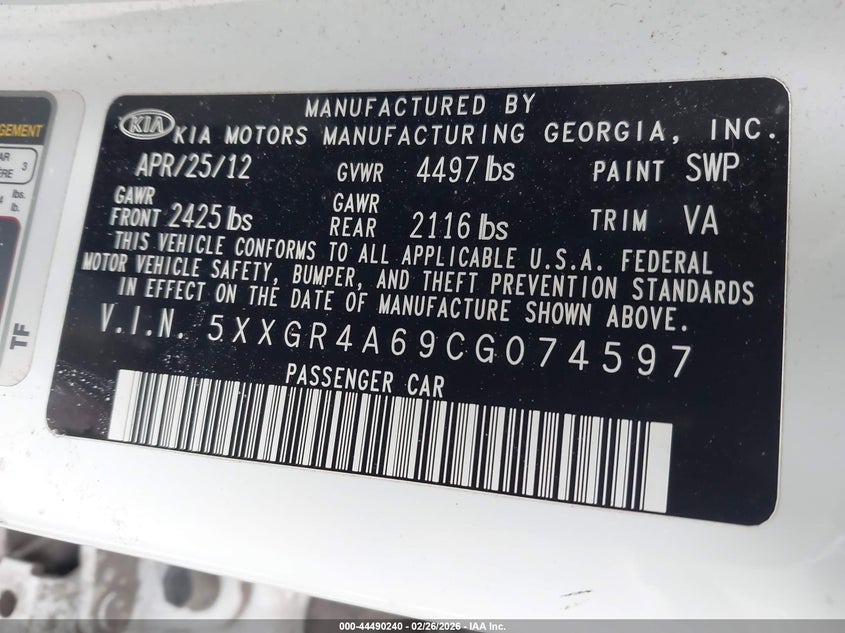 2012 Kia Optima 2.0 Sx white Lot 111044490240 Vin 5XXGR4A69CG074597