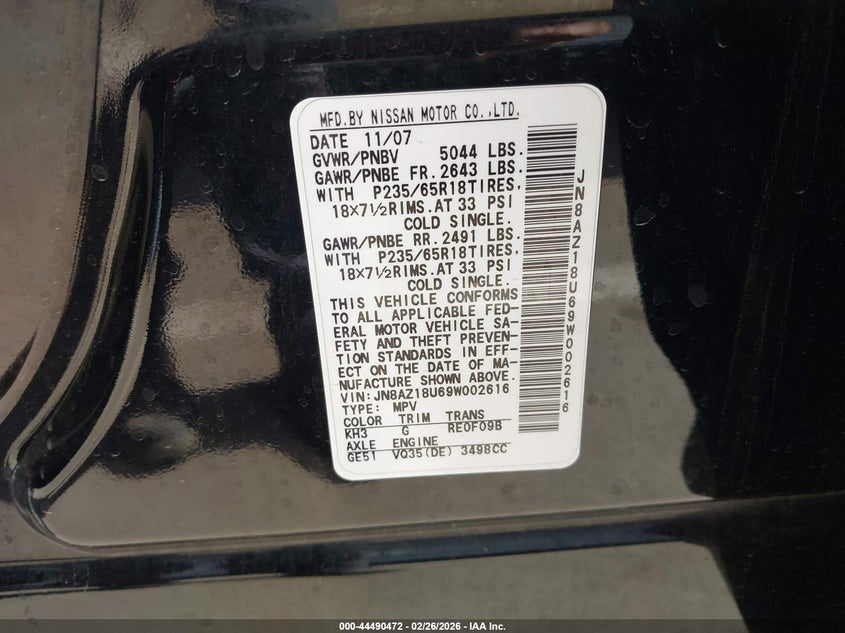 2009 Nissan Murano Sl VIN: JN8AZ18U69W002616 Lot: 44490472