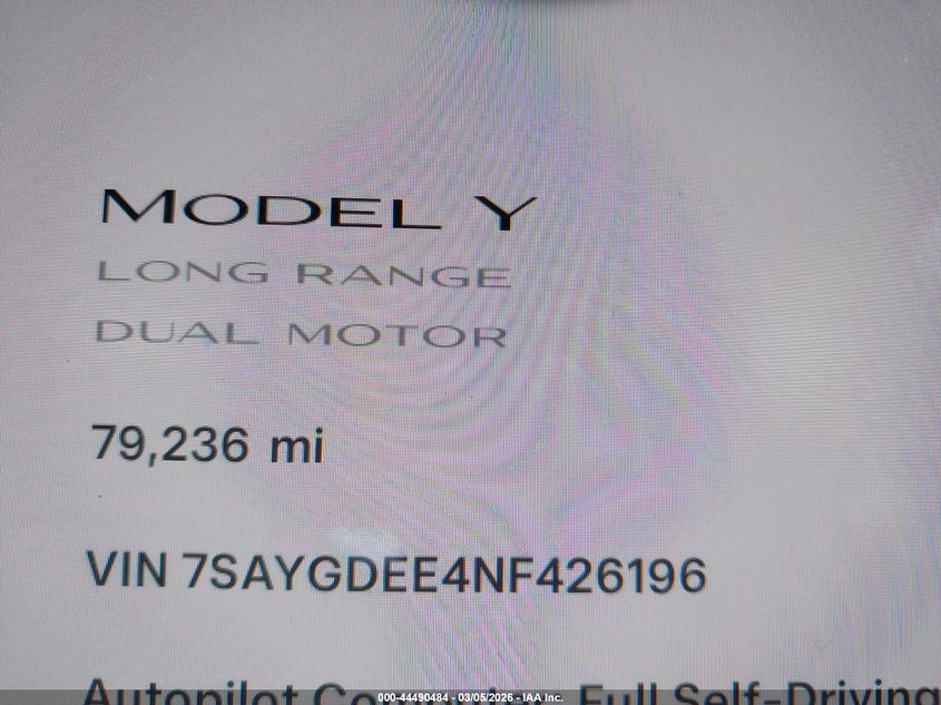 2022 TESLA MODEL Y(VIN: 7SAYGDEE4NF426196