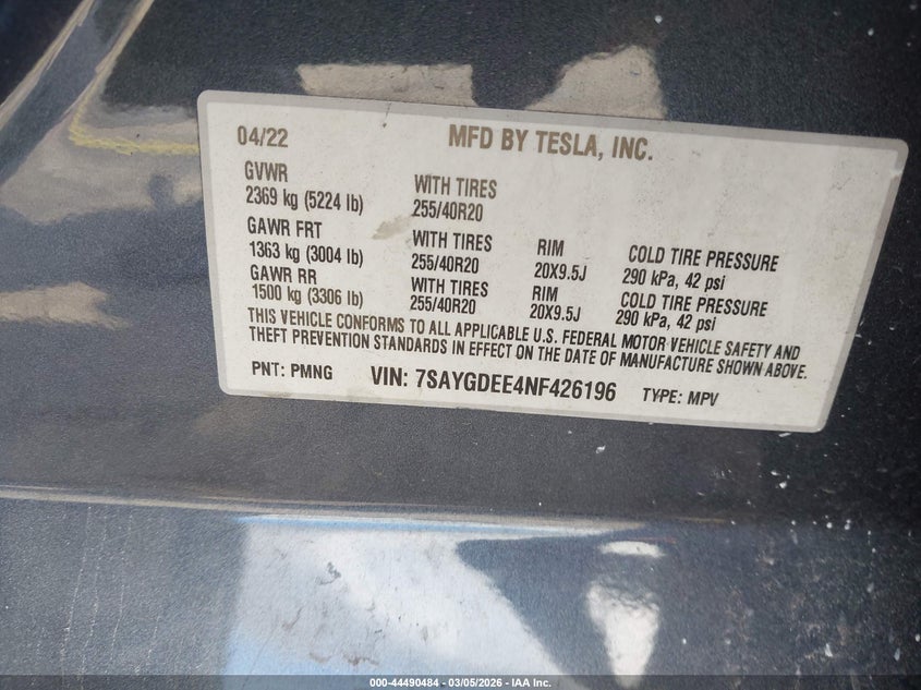 2022 TESLA MODEL Y(VIN: 7SAYGDEE4NF426196