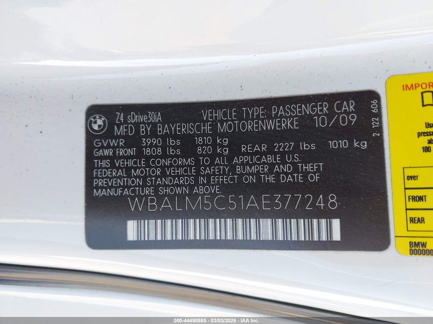 2010 BMW Z4 Sdrive30I VIN: WBALM5C51AE377248 Lot: 44490585