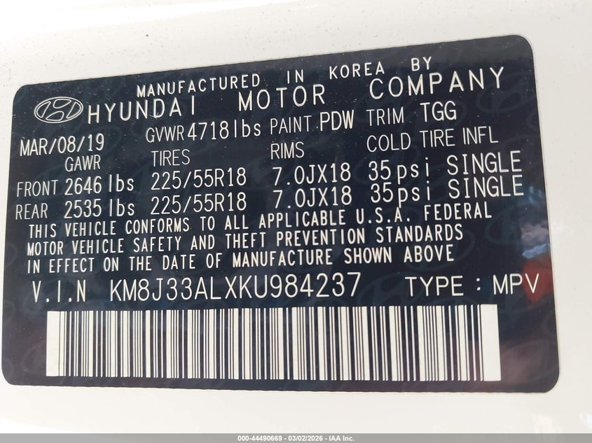 VIN KM8J33ALXKU984237 2019 HYUNDAI TUCSON SEL
