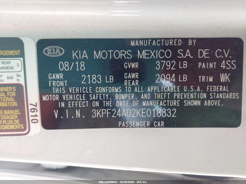 2019 Kia Forte 2.0 Lxs silver Lot 111044490842 Vin 3KPF24AD2KE018832