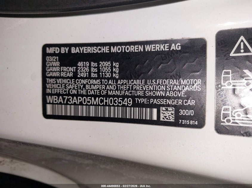 2021 BMW 430I xDrive VIN: WBA73AP05MCH03549 Lot: 44490853