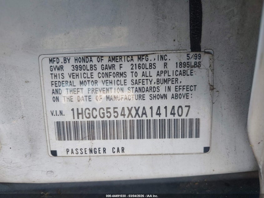 1999 Honda Accord Lx VIN: 1HGCG554XXA141407 Lot: 44491030