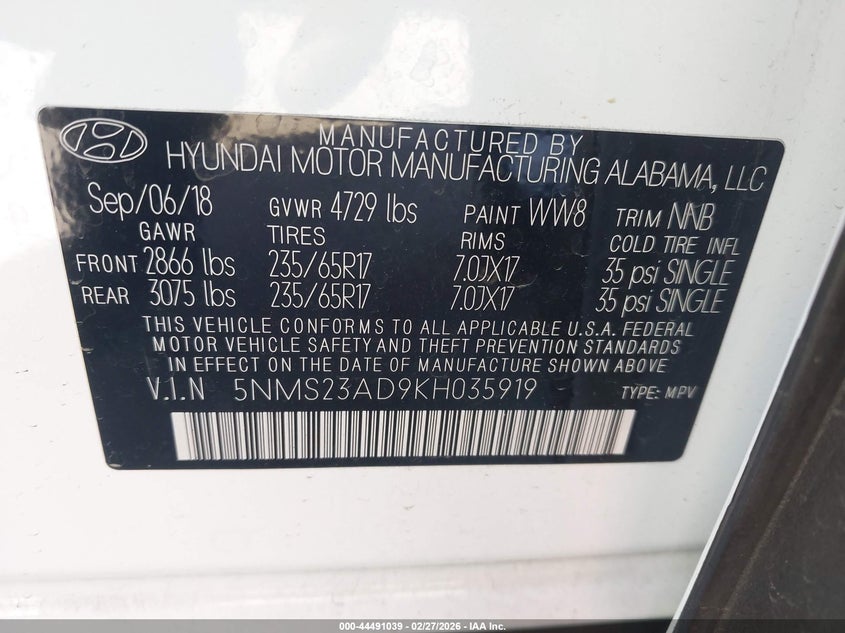 VIN 5NMS23AD9KH035919 2019 HYUNDAI SANTA FE SE