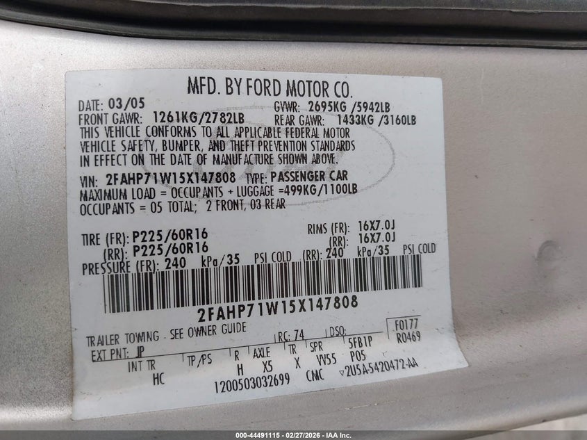 2005 Ford Crown Victoria Police VIN: 2FAHP71W15X147808 Lot: 44491115