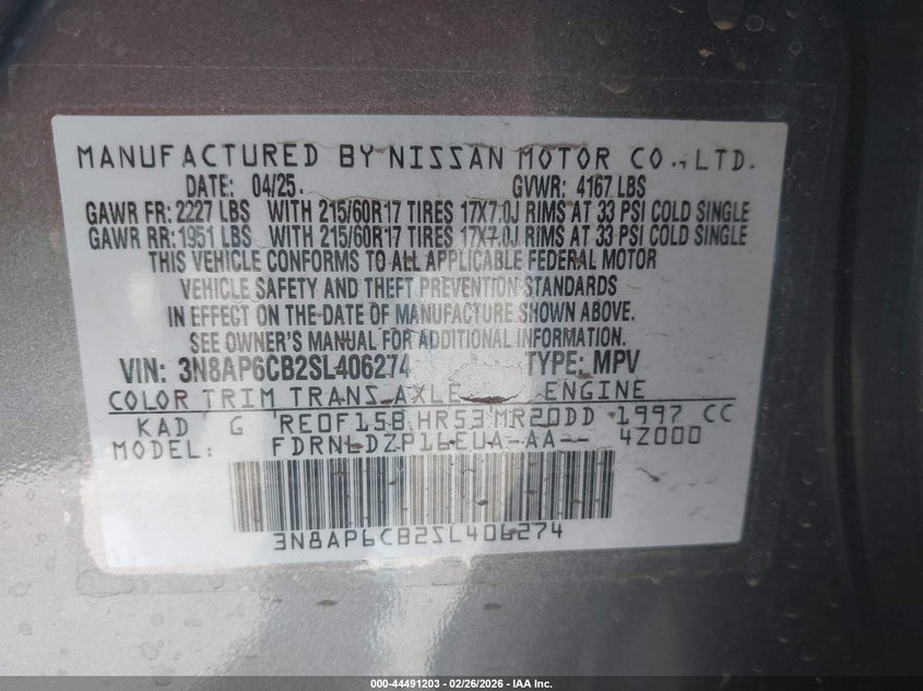 VIN 3N8AP6CB2SL406274 2025 NISSAN KICKS SV INTELLIGENT AWD