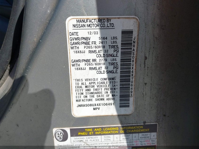 2004 Infiniti Fx35 VIN: JNRAS08UX4X106491 Lot: 44491411