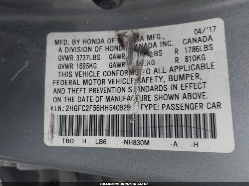 2017 Honda Civic 2.0 Lx silver Lot 111044491529 Vin 2HGFC2F56HH540929