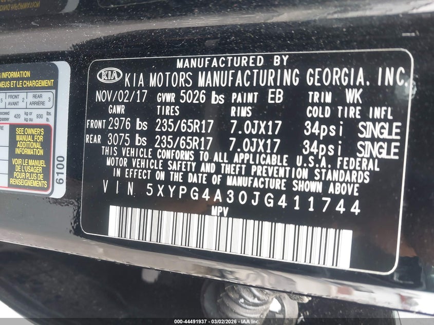 2018 Kia Sorento 2.4L L VIN: 5XYPG4A30JG411744 Lot: 44491937