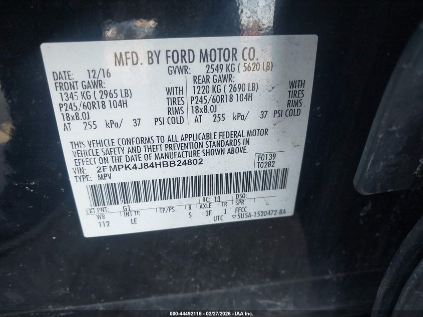 VIN 2FMPK4J84HBB24802 2017 FORD EDGE SEL