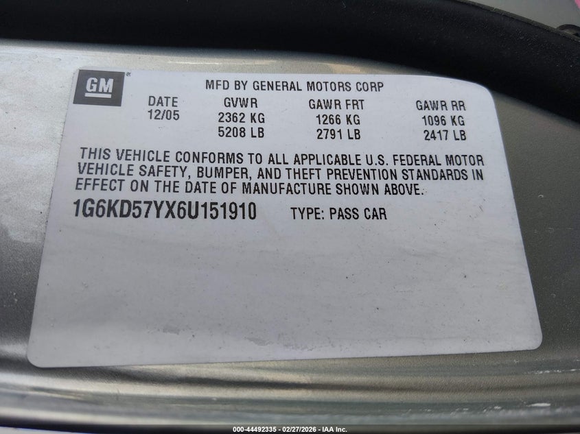 2006 Cadillac Dts Standard VIN: 1G6KD57YX6U151910 Lot: 44492335