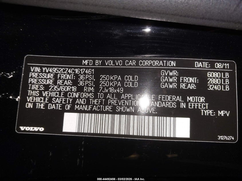 2012 Volvo Xc90 3.2/3.2 Platinum/3.2 Premier Plus VIN: YV4952CZ4C1617461 Lot: 44492456