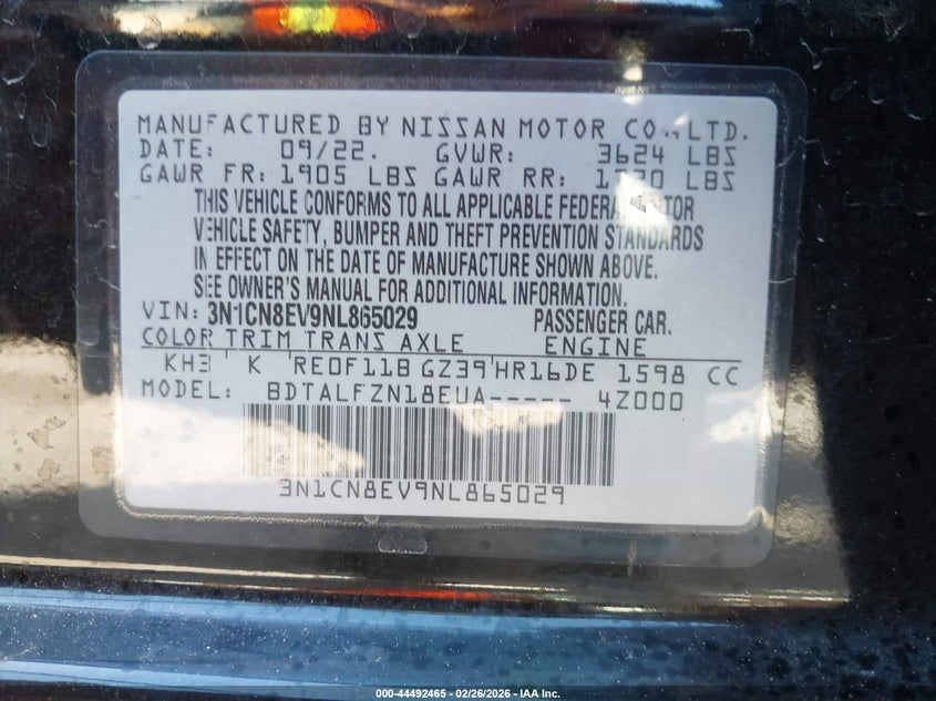 2022 Nissan Versa 1.6 Sv Xtronic Cvt VIN: 3N1CN8EV9NL865029 Lot: 44492465