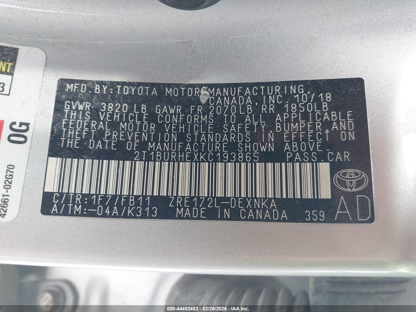 2019 Toyota Corolla 1.8 Le silver Lot 111044492483 Vin 2T1BURHEXKC193865