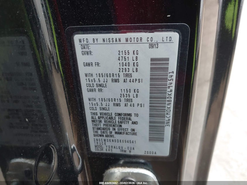 2013 Nissan Nv200 Sv VIN: 3N6CM0KN8DK694541 Lot: 44492482