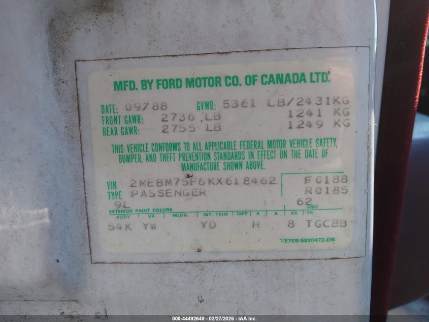 1989 Mercury Grand Marquis Ls VIN: 2MEBM75F6KX618462 Lot: 44492649