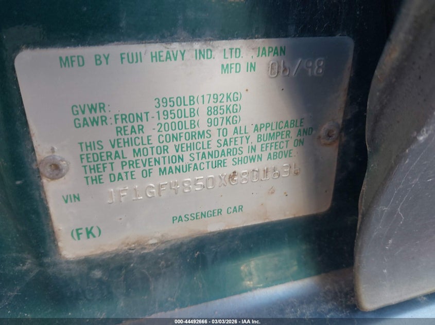 1999 Subaru Impreza Outback Sport VIN: JF1GF4850XG801636 Lot: 44492666