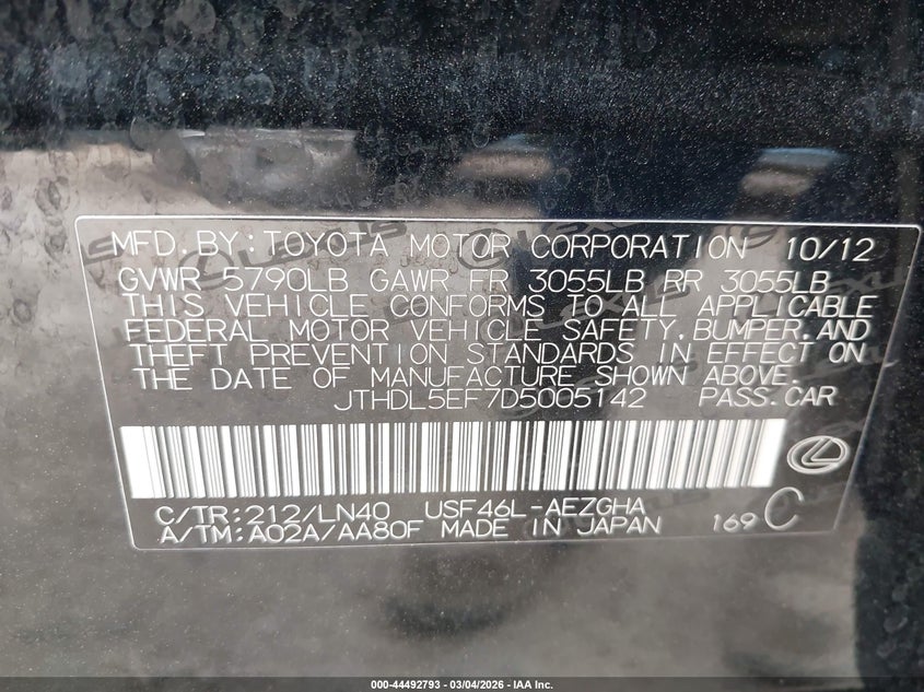 2013 Lexus Ls 460 L VIN: JTHDL5EF7D5005142 Lot: 44492793