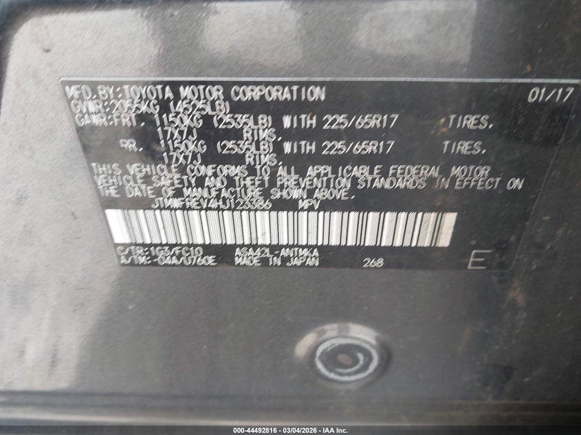 2017 Toyota Rav4 Xle VIN: JTMWFREV4HJ123386 Lot: 44492816