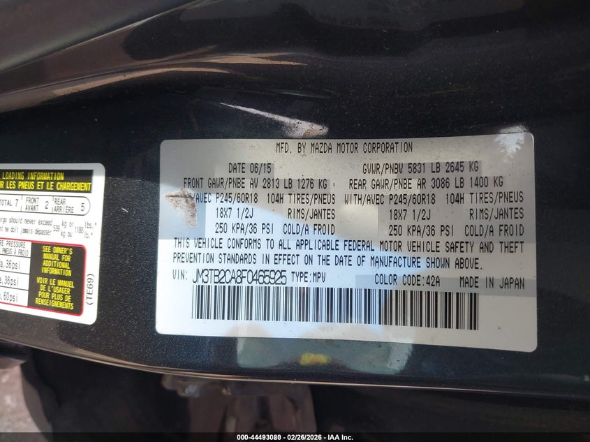 2015 Mazda Cx-9 3.7 Cx-9 Touring grey Lot 111044493080 Vin JM3TB2CA8F0465925