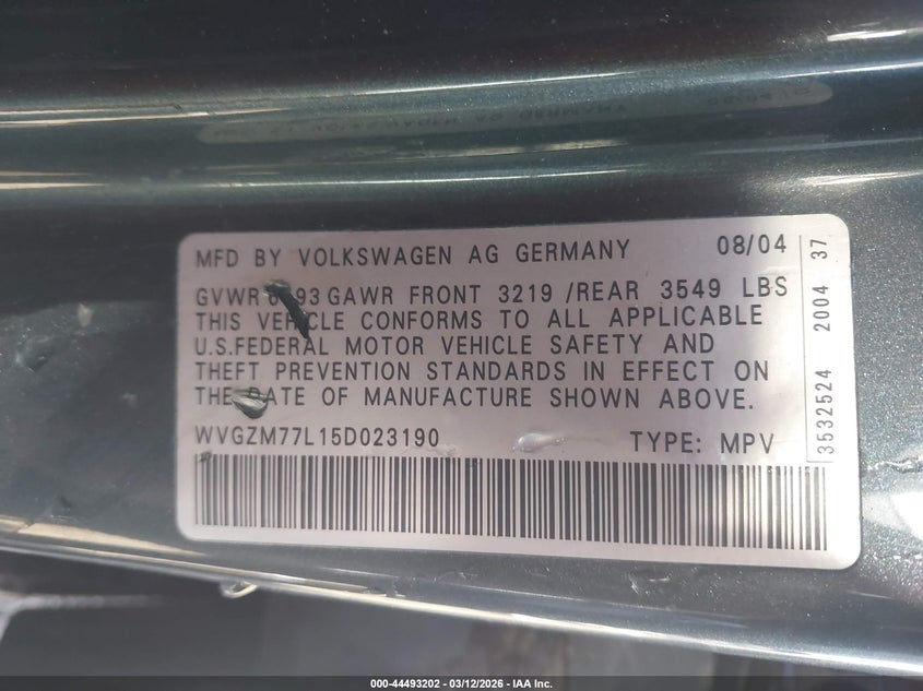 2005 Volkswagen Touareg V8 VIN: WVGZM77L15D023190 Lot: 44493202
